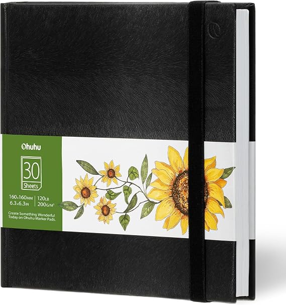 Ohuhu 6.3"x6.3" Marker Paper Pad Art Sketchbook for Drawing and Sketching | Mini Sketch Book - 120 LB/200 GSM Smooth Drawing Paper - 30 Sheets/60 Pages - PU Hardcover Sketch Pad for Alcohol Markers