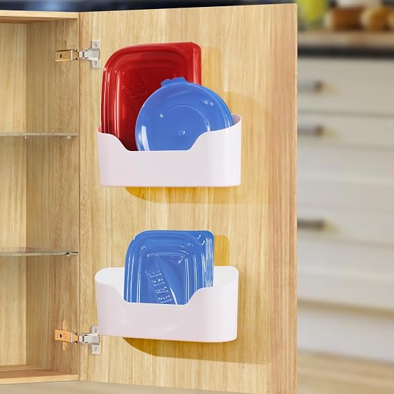 2 Pack Lid Organizers Inside Cabinet, No Drilling Adhesive Over Door Organizer, Cabinet Door Organizer Bin Holder Caddy, Over Cabinet Organizer Storage Lid Organizer for Kitchen(White)