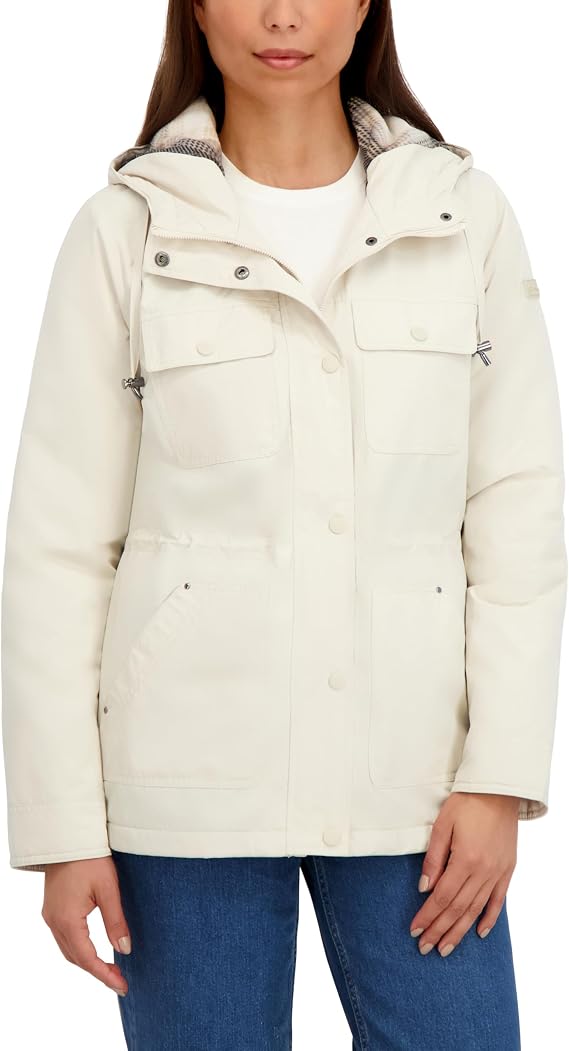 HFX Women's Lightweight Transitional Jacket With Plaid Fleece Lining, Adjustable Hood and Waist