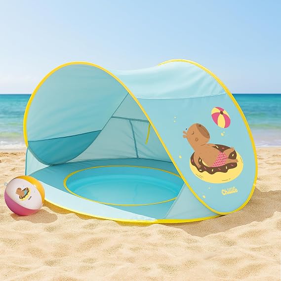 Chillife Beach Shelter Pop Up Set Portable Beach Tent with UV Protection and Wind Protection Water Polo Integrated Sandpit Pool Storage Pockets Zip Window for 2 People