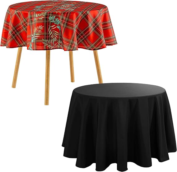 VidaFete Black Round Tablecloth 120inch Round and Christmas Checkered Rectangle Tablecloth 60 inch Round