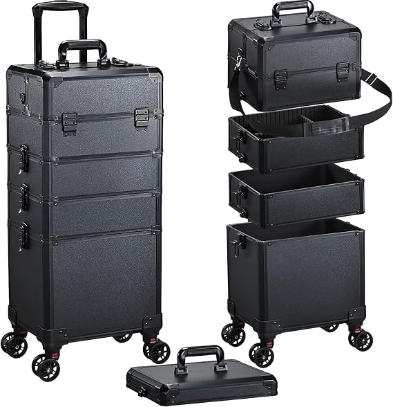 Professional 5-in-1 Vanity Case Makeup Organiser Large Makeup Trolley on Wheels Hairdressing Trolley on Wheels Beauty Case Lockable Make Up Box Storage Black