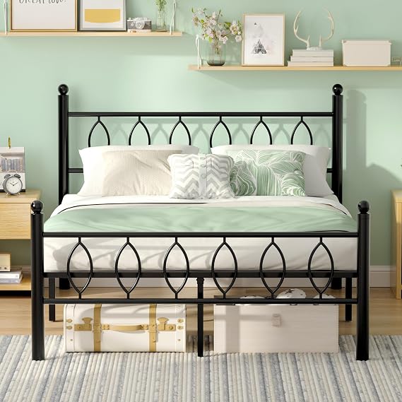 Full Size Bed Frame with Headboard, 14 Inch Classic Metal Platform Bed Frame, Under Bed Storage, No Box Spring Needed, Easy Assembly, Black