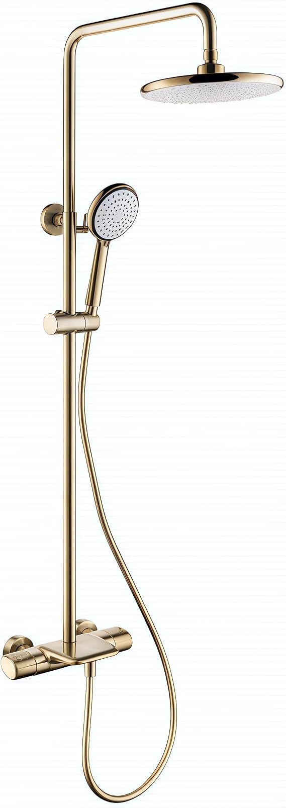Thermostatic Shower Mixer Column, Brushed Gold Bathroom Shower System with 20 * 20 cm Rainfall Shower Head Thermostatic Bathtub Shower Mixer Rain Shower Head Round Hand Shower and Hose,A