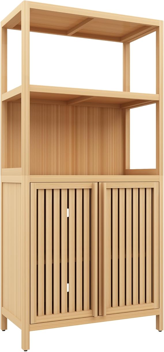 Bamboo Freestanding Bathroom Storage Cabinet w/Double Slatted Door Natural