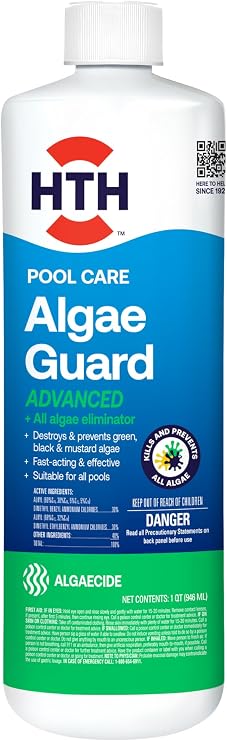 HTH 67243 Swimming Pool Care Advanced Algae Guard - Destroys and Prevents Green, Black & Mustard Algae for Crystal Clear Water, Fast Acting & Effective Swimming Pool Chemical, 32oz