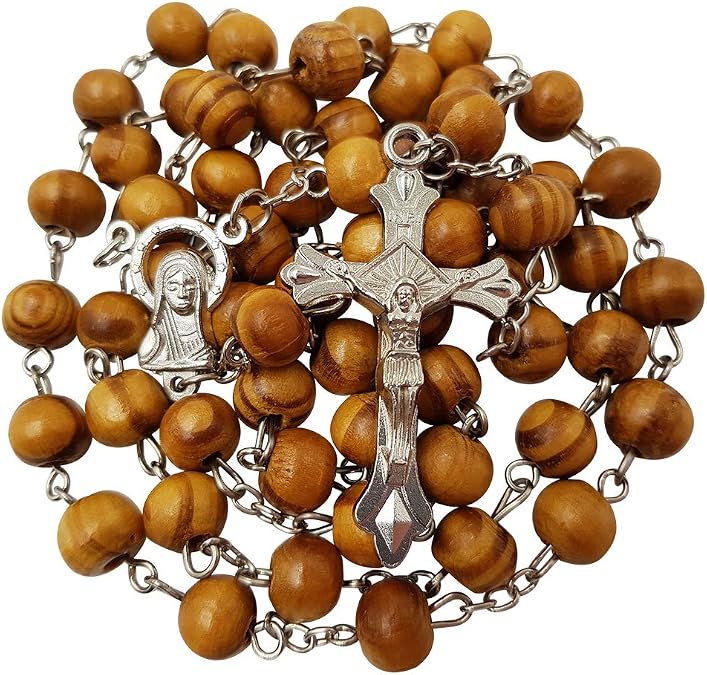 TALISMAN4U CATHOLIC ROSARY NECKLACE 8MM Wood Rosary Beads Jerusalem Cross Crucifix Virgin Mary Centerpiece with Certificate