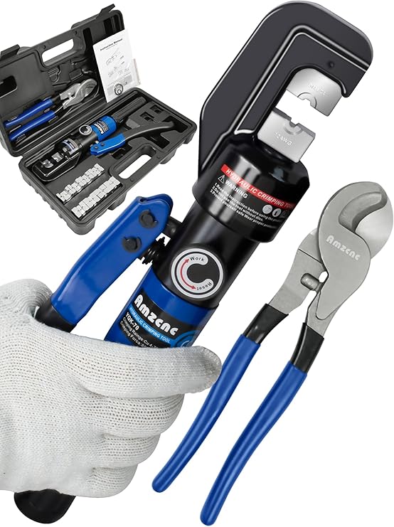 AMZCNC Hydraulic Cable Lug Crimper with Cable Cutter, 10 Ton, 9 Dies