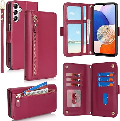 Jaorty Compatible with Samsung Galaxy A14 5G Wallet Case for Women Men,RFID BlockingPU Leather Phone Case with Card Holder for Samsung A14 5G,Wrist Strap Zipper Credit Card Slots Flip Cover,Dark Red