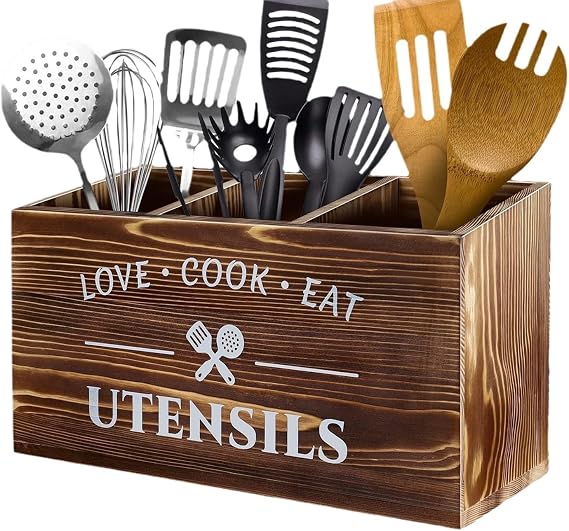 Kitchen Utensil Storage Container Wood with 3 Compartments Brown
