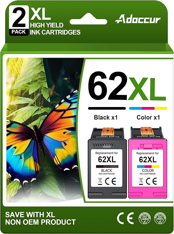 62XL Ink Cartridges Black and Color Replacement for HP Ink 62 HP 62 Ink Fits for Envy 5540 7640 5640 5660 7645 5549 OfficeJet 5740 5746 8040 OfficeJet Mobile 250 200 Printer (2 Pack)