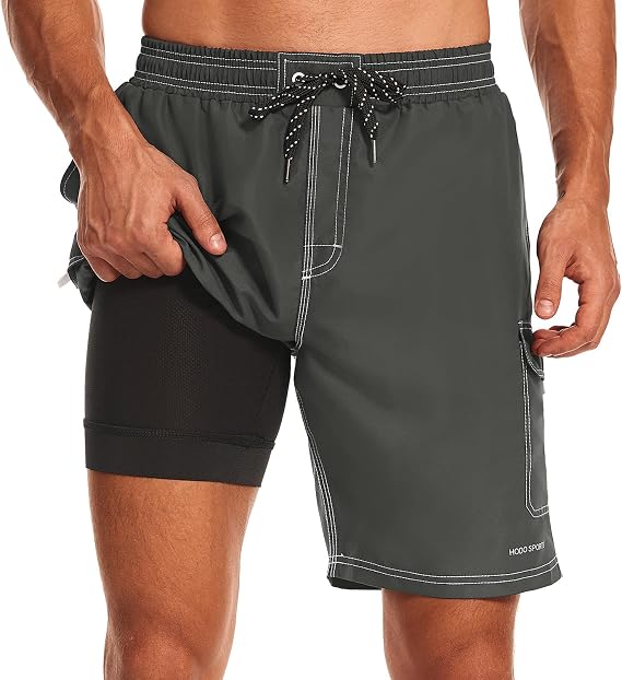 HODOSPORTS Mens Swim Trunks with Compression Liner 9 inch Bathing Suit Quick-Dry Swim Shorts Cargo Pockets S-4XL