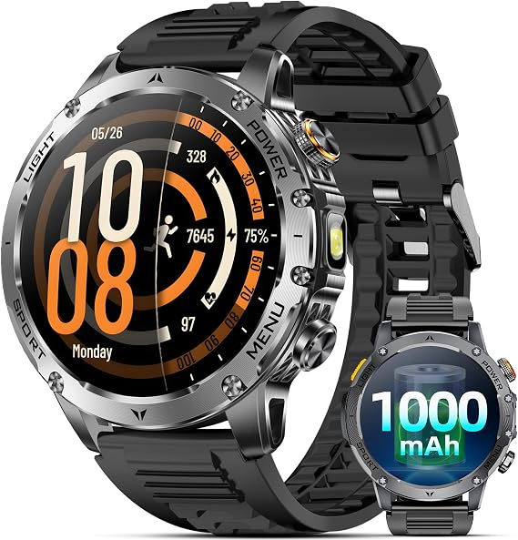 Military Smart Watches for Men (Answer/Make Calls), Smart Watch with 100-Days Extra-Long Battery, IP68 Waterproof, Heart Rate/Sleep Monitor 100+ Sport Modes for Android/iPhone (Silver Black)