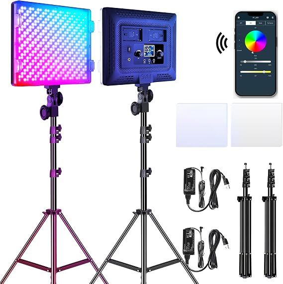 GVM RGB LED Video Lights Photography Lighting Kit, 50W Bi-Color 3200K-5600K Studio Lights, 2-Packs 672 Led Beads APP Control Film Lights Panels for Videography/Streaming/Gaming/YouTube CRI 97+