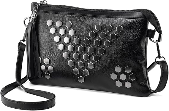 Black Clutch for Women PU Leather Small Handbags for Ladies Tassel Cross Body Shoulder Bag Rivets Crossbody Bag with Wrist Strap