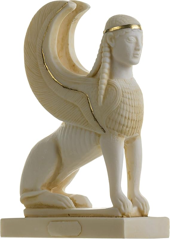 BEAUTIFUL GREEK STATUES The Sphinx of Giza Pyramids Mythology Alabaster Figurine Gold Tone 6.9 Inches