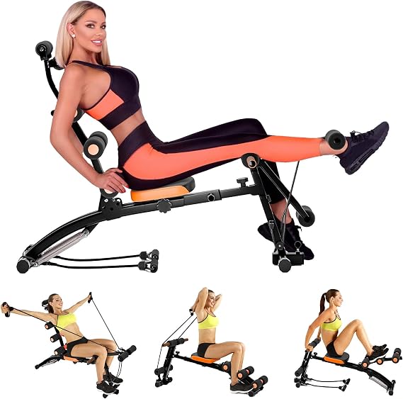 6-in-1 Ab Machine for Stomach Workout, Multi Functional Adjustable Exercise Equipment with Leg Lock & Resistance Bands, Home Gym Ab Machines for Core Leg Indoor Outdoor