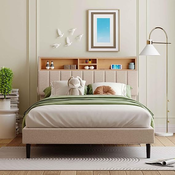 Queen Bed Frame with Hidden Storage Headboard/Outlet/USB Ports, Modern Upholstered Platform Camas, Height Adjustable Headboard, Heavy Duty Bedframe, No Box Spring Needed/Easy Assembly,Beige