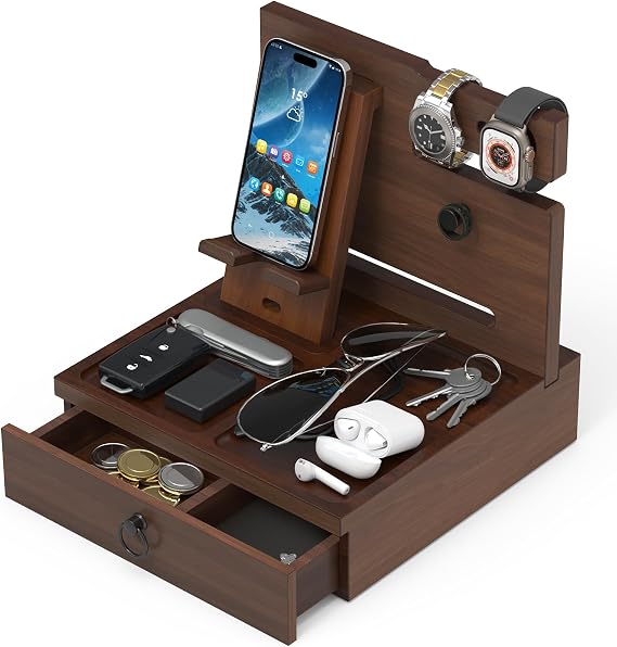 Wood Phone Docking Station, Nightstand Organizer with Drawer | Bedside Table Organizer for Watch & Accessories, Christmas Anniversary Birthday Gifts for Men,Dad,Husband