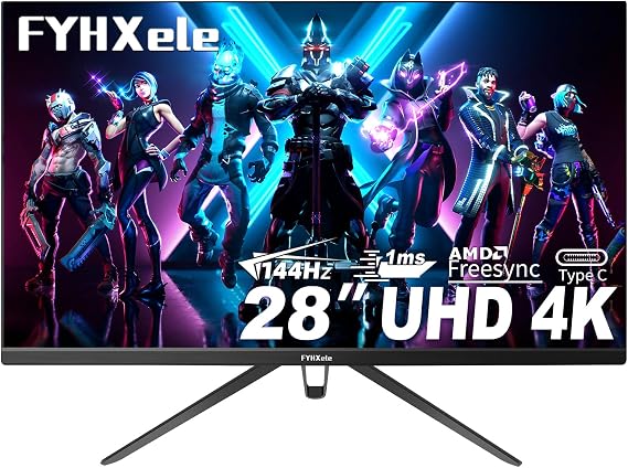 28 Inch 4K UHD Gaming Monitor 144Hz 1ms,IPS Monitor with HDR400, 100% sRGB, AMD FreeSync/G-Sync,PC Monitor for Gaming,Office,Type-C/HDMI/USB,Built-in Speaker,VESA Mount, Bluelight Filter