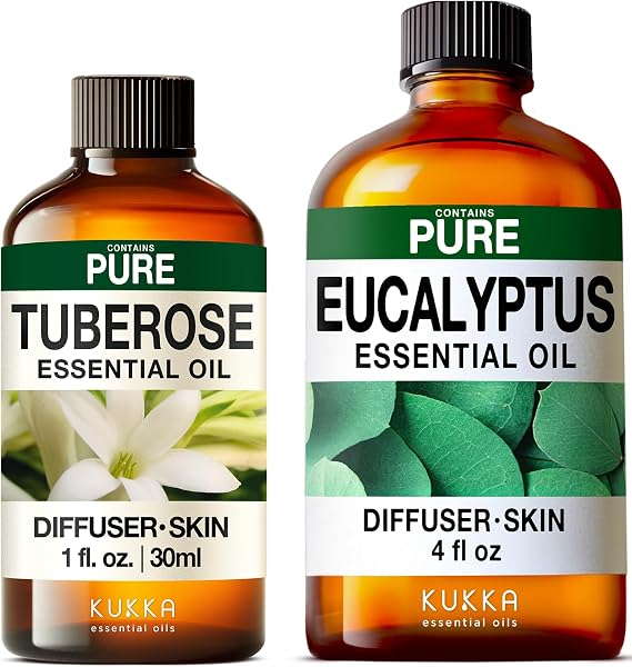 Tuberose Essential Oil for Diffuse & Eucalyptus Essential Oil for Diffuser Set - Aromatherapy Grade Essential Oils Set - 2X 4 Fl Oz - Kukka