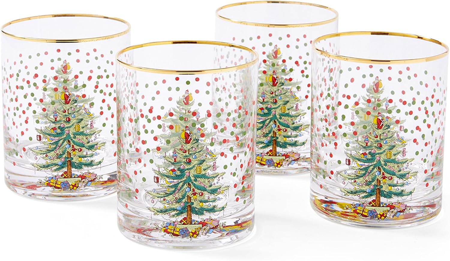 Spode Christmas Tree 14 Fl. Oz. Double Old Fashion Glass Set of 4, Polka Dot - Whiskey & Bourbon Glasses for Festive Entertaining, Old-Fashioned & Rocks Glasses for Holiday Drinks