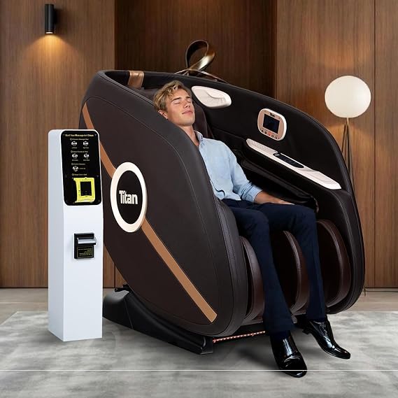Osaki Zena Vending Massage Chair and Nayax Card Reader Bundle SL-Track l Reclining & Space Saving l Modular Chair Fence l Led Lighting l Side Panel l Wireless Charging & USB l 12-Cell Air (1, Brown)