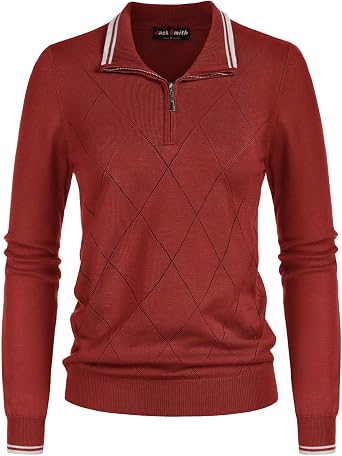 JACK SMITH Pullover Sweaters for Women Long Sleeve Argyle Quarter Zipper Collar Polo Sweater Ribbed Knit Golf Tops