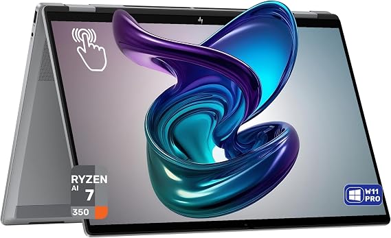 HP OmniBook X Flip 2-in-1 Copilot+ Laptop, AMD Ryzen AI 7-350, 24 GB LPDDR5x RAM, 1 TB PCIe SSD, 16" 2K (1920x1200) Touchscreen, AMD Radeon 860M, Backlit Keyboard, W11 Pro, Meteor Silver