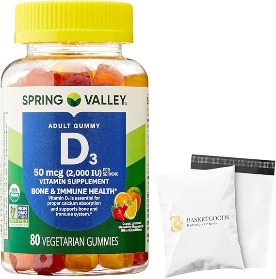 Spring Valley Vitamin D3, Vitamin D3 Gummies, 50 mcg 2000IU, Bone and Immune Health, 80 Count - Set by Basket Goods