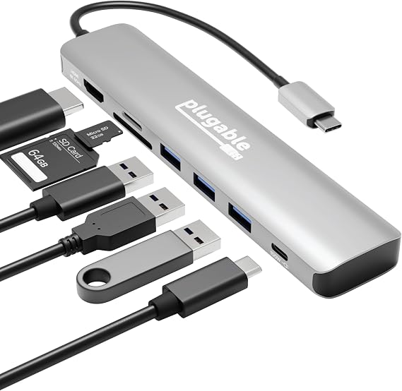 Plugable USB-C Hub 7-in-1 for Single HDMI Display, Driverless Hub, 4K HDMI, 3 USB 3.0, SD/microSD Reader, 100W Charging Compatible with Mac, Windows, Chrome, USB-C, USB4, and Thunderbolt