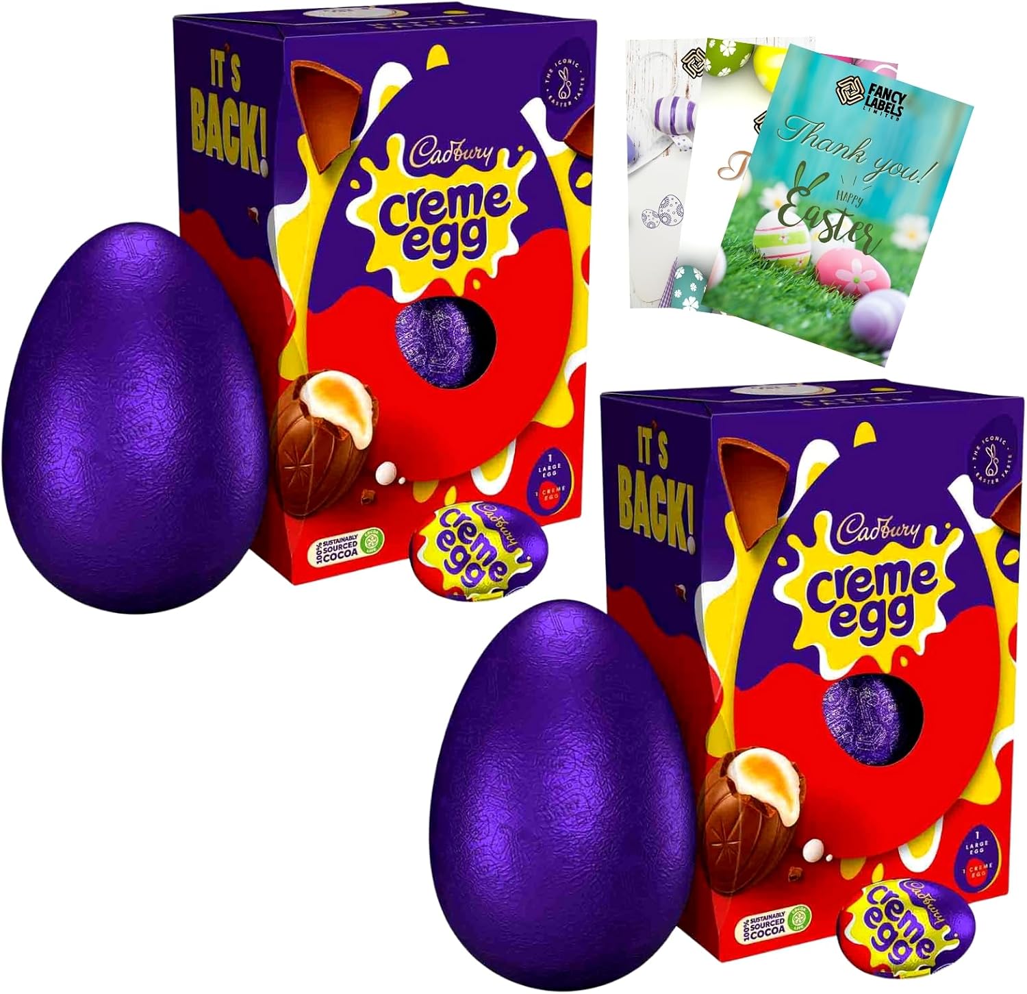 Easter Egg Chocolate Multipack with Cadbury Creme Egg Chocolate Large Easter Egg 195g Pack of 2 and 1 Fancy Labels Easter Card | Chocolate Easter Eggs Gifts for Women, Men and Kids Easter Egg Hunt