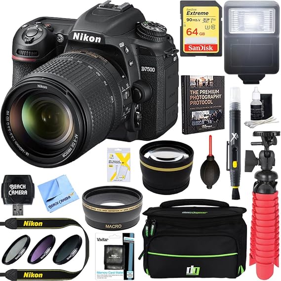 Nikon D7500 20.9MP DX-Format Digital SLR Camera + AF-S 18-140mm f/3.5-5.6G ED VR Lens Bundle with 64GB Memory Card, Camera Bag, Premium Photography Protocol Ebook and Accessories (11 Items)