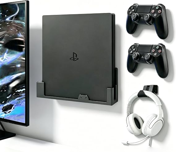 PS4 Slim için Duvar Montajı, Çelik Montaj Çıkarılabilir Denetleyici Tutucu ve Kulaklık Standı İçerir - PlayStation 4 Slim Konsolunuzu TV'nizin Yakınında veya Arkasında Güvenli Bir Şekilde