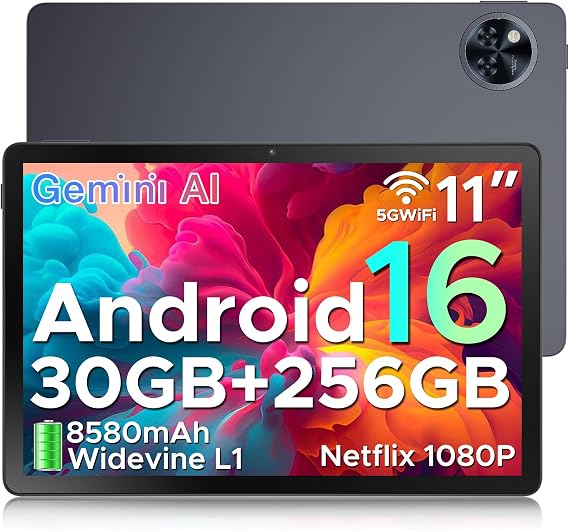 U11 Pro Android 16 Tablet 11 Inch 30GB RAM + 256GB ROM (2TB TF) 8580mAh 90Hz Display Unisoc T7200 Octa Core Tablet PC 13MP+5MP 5G WiFi/Widevine L1/ GPS/Face ID/OTG