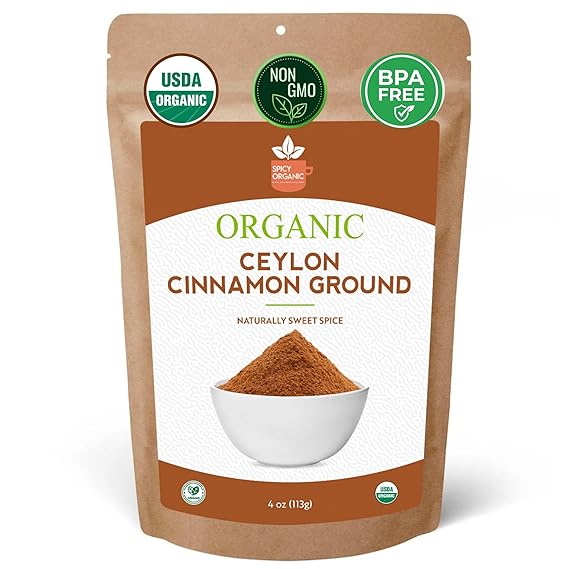 SPICY ORGANIC Ceylon Cinnamon Powder, 4 Oz Pure & Freshly Ground from Sri Lanka, USDA Certified Organic, Non-GMO, Gluten-Free & Kosher, Perfect for Baking, Cooking, Drinks & Seasoning
