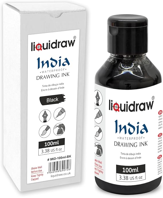 Liquidraw Black Drawing India Ink - 100ml | Must-Have Artist Supply | Non-Toxic, Waterproof, Lightfast & Permanent | Suitable for Pens & Brushes | Use On Paper Board, Canvas, Fabric & Wood