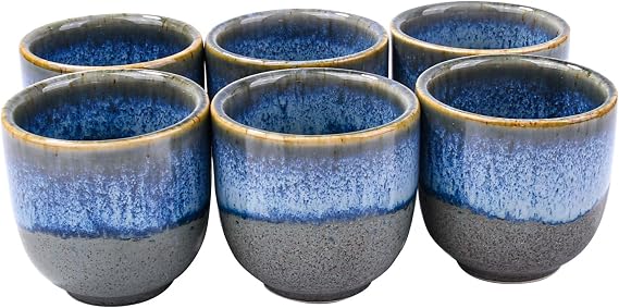 Japanese Saki Set Ceramic Sake Cups Set of 6, Handcrafted Ceramic Tea Cups with Blue and Gray Reactive Glaze, Traditional Small Cups for Hot or Cold Sake, Thoughtful Housewarming Choice