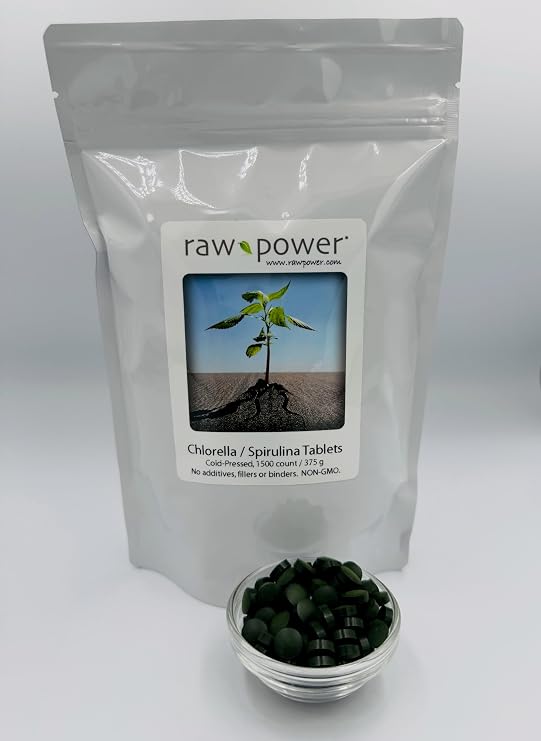 Raw Power Chlorella/Spirulina Tablets (1500 Count, 375 g, Cold-Pressed, 50/50 Blend, no additives, fillers, or Binders) Brand