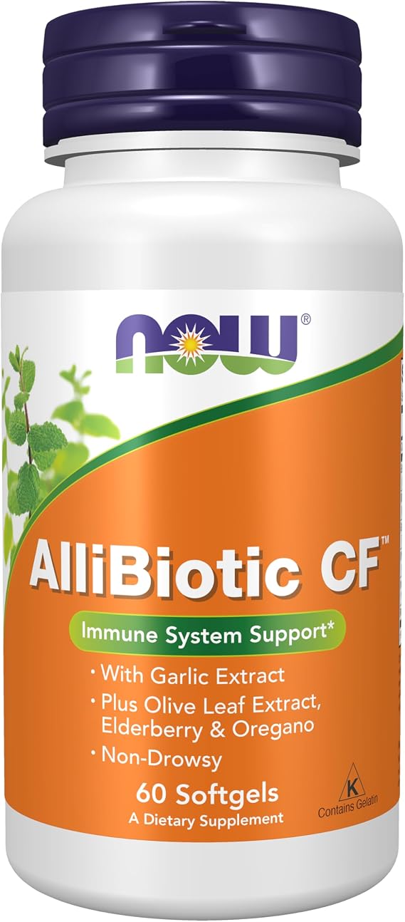 NOW Supplements, AlliBiotic CFTM, with Garlic Extract, Olive Leaf Extract, Elderberry & Oregano, Non-Drowsy Formula, 60 Softgels