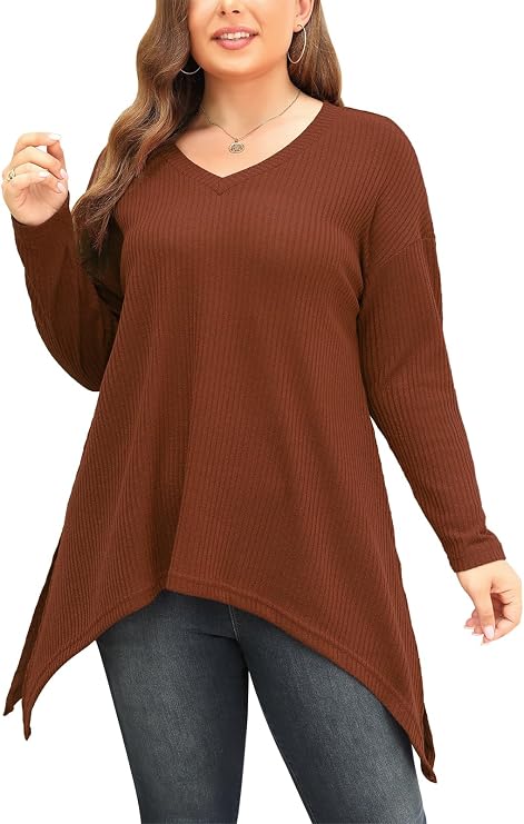 Celkuser Women's Plus Size V-Neck Tunic Top Long Sleeve Knit Side Slit Casual Loose Shirts for Leggings or Jeans