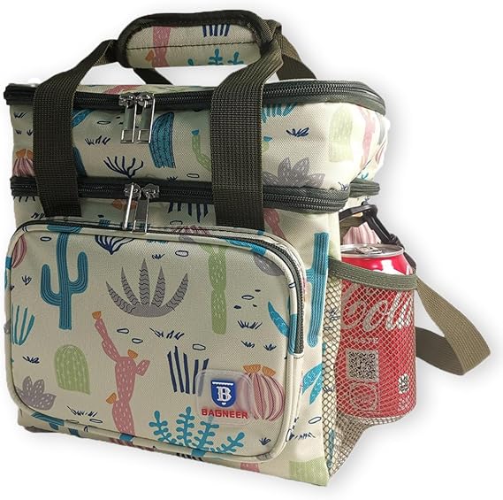 Camping Coolers Insulated Picnic Lunch Bag Double Decker Lunch Box, Leakproof Work Lunchbox Durable Outdoor Beach Lunch Pail Food & Drink Thermal Bag For Men Women, 14L (Cactus)