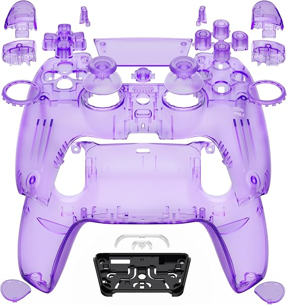 eXtremeRate PS5 BDM-030 & BDM-040 & BDM-050 Controller, Redesigned Luna Full Set, Clear Material Housing Shell Button Touchpad Cover, Custom Black Replacement Top Bottom Cover Case for PS5 Controller Clear Purple