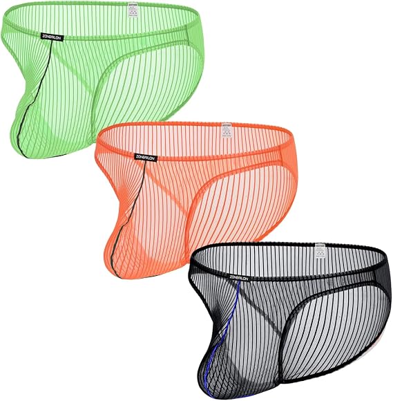JINSHI Mens See Through Stripe Mesh Bulge Enhancing Briefs