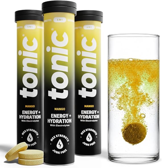 Tonic Health Energy and Hydration Tablets - No Sugar Effervescent Multivitamins - Rehydration Electrolytes Tablets