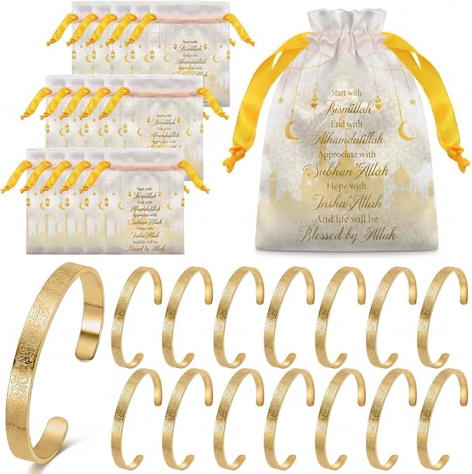 Tondiamo 15/30 Set Eid Al-adha Ayatul Kursi Bracelets Bulk Ramadan Eid Mubarak Gifts for Women Muslim Quran Allah Bangle Arabic Calligraphy Cuff Bracelet Islamic Jewelry with Bag for Party