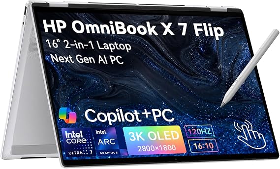 HP OmniBook 7 X Flip 16" 2 in 1 Laptop Copilot+ AI PC|3K OLED Touchscreen Convertible Business Laptop|Intel Core Ultra 7(>i7-1355U)+47 TOPS NPU|Custom 32GB DDR5+1TB /2TB SSD|Windows 11 Pro|Backlit