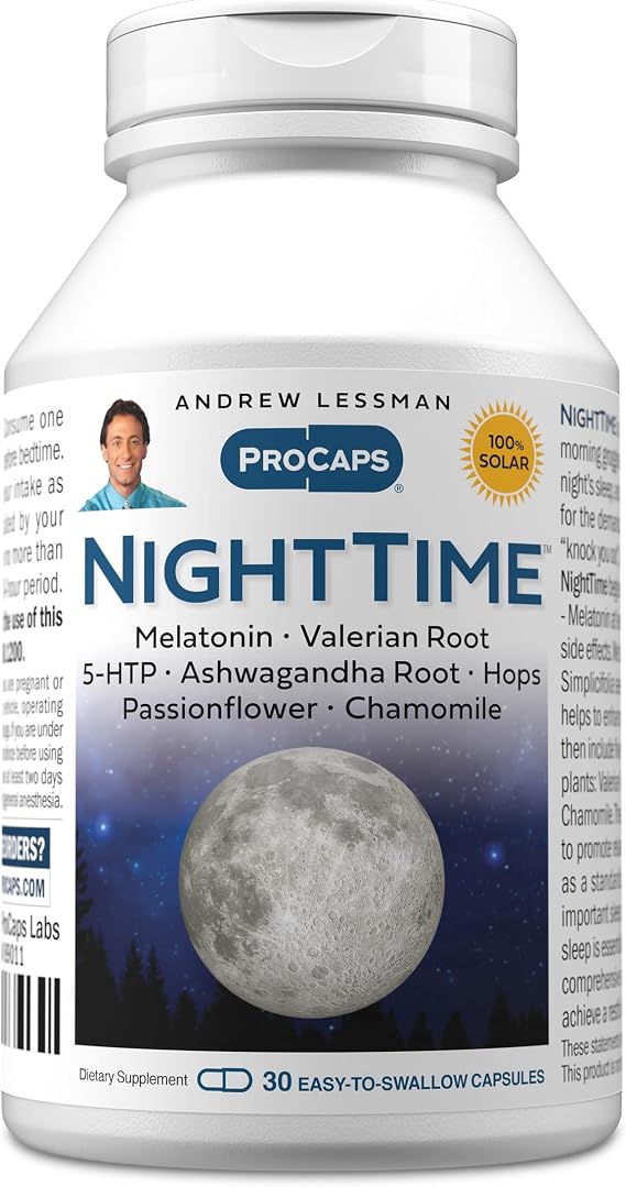 Andrew Lessman ProCaps Night Time Sleep Support 3mg Melatonin 30 Capsules | 3mg Melatonin with 5-HTP, Ashwagandha & five calming botanicals. Designed for restful sleep without morning grogginess.