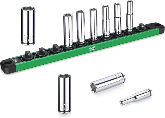 SK 1/4" Drive Socket Set, Deep SAE Sockets, 10-Piece 3/16" to 9/16" | SuperKrome Finish, Premium CR-V Steel, with Aluminum Socket Organizer
