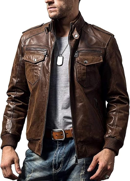 Men's Classic Aviator Bomber Biker Jacket Casual Distressed Motorcycle With Band Collar Leather Jacket for Men